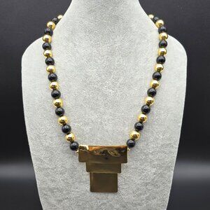 Gold Tone & Black Beaded Navajo Designed Necklace w Layered Pendant Signed 20"